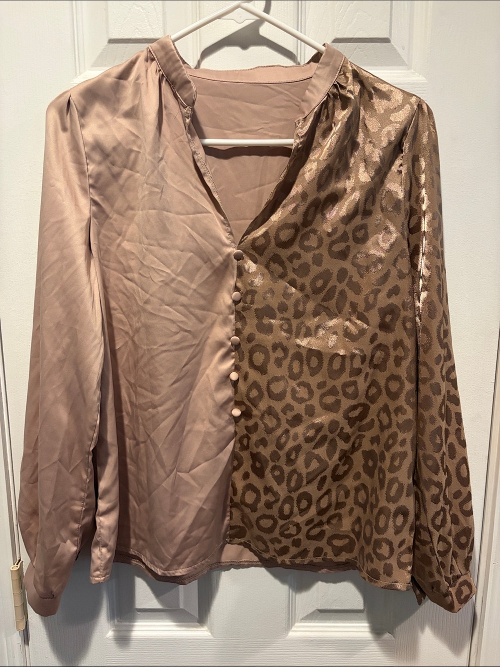 SHEIN Taupe Satin Two-Tone Leopard Button-Front Blouse